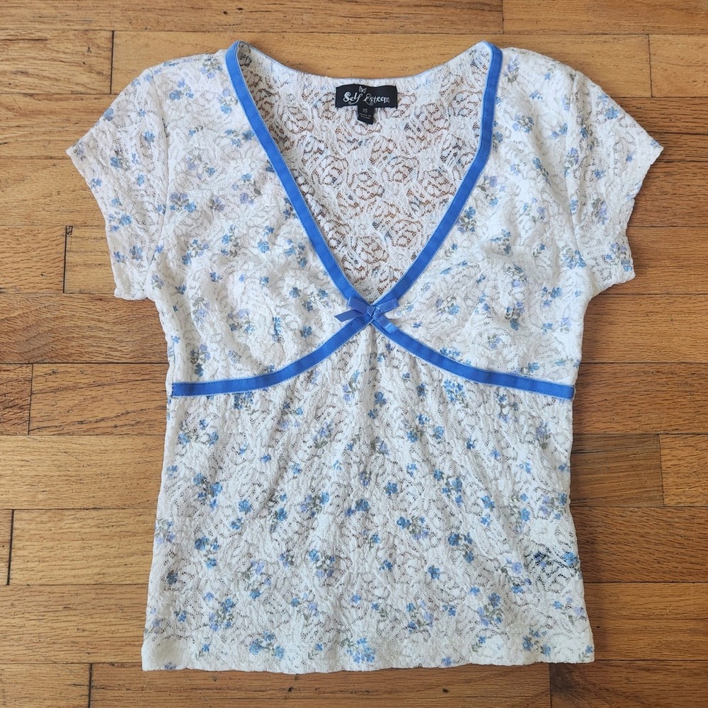 Self Esteem Vintage Lace Cap Sleeve Babydoll Top XS Ditsy Floral Empire Waist